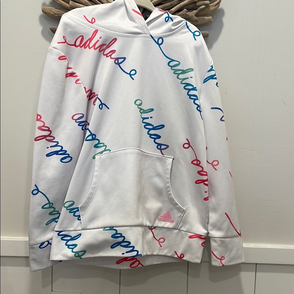 Adidas White Hoodie with Pink and Blue Accents